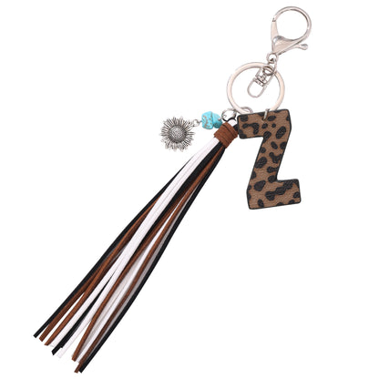 New Western Denim Style Leopard Oil-trimmed Leather Letter A Korean Velvet Tassel Combination Keychain Pendant Bag
