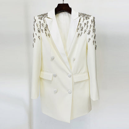 In Stock 2026 Early Autumn European and American Celebrity Fashion Handmade Beaded and Diamond-Encrusted Slim Long Blazer