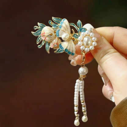 Antique Style Burned Blue Cloud Pearl Hairpin New Chinese Tassel Side Clip Advanced Sense Clip Hair Accessories Headwear Hair Clip