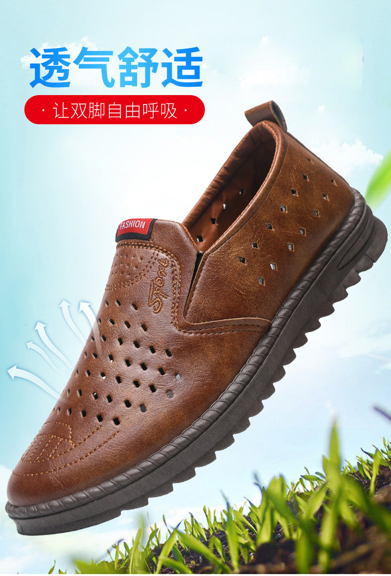 Hollow-Out Leather Shoes for Men, Summer Breathable Soft Leather Low-Top Business Casual Versatile Slip-On Perforated Dad Shoes