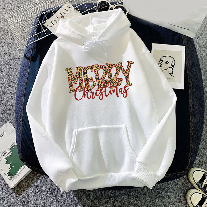 Christmas Leopard Print Merry Christmas Print Hooded Sweatshirt European and American Autumn and Winter Men's and Women's Top Coat