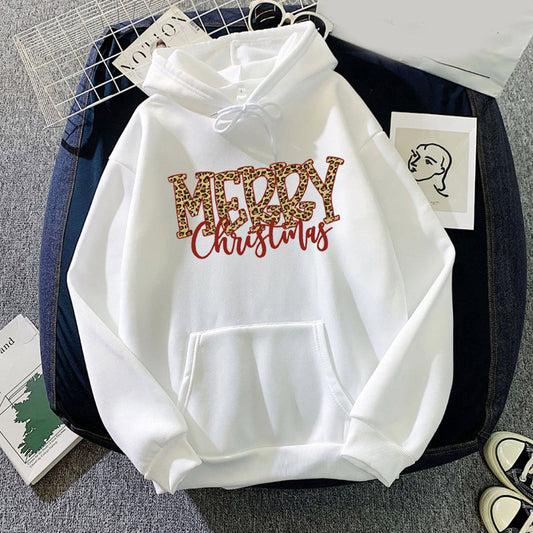 Christmas Leopard Print Merry Christmas Print Hooded Sweatshirt European and American Autumn and Winter Men's and Women's Top Coat