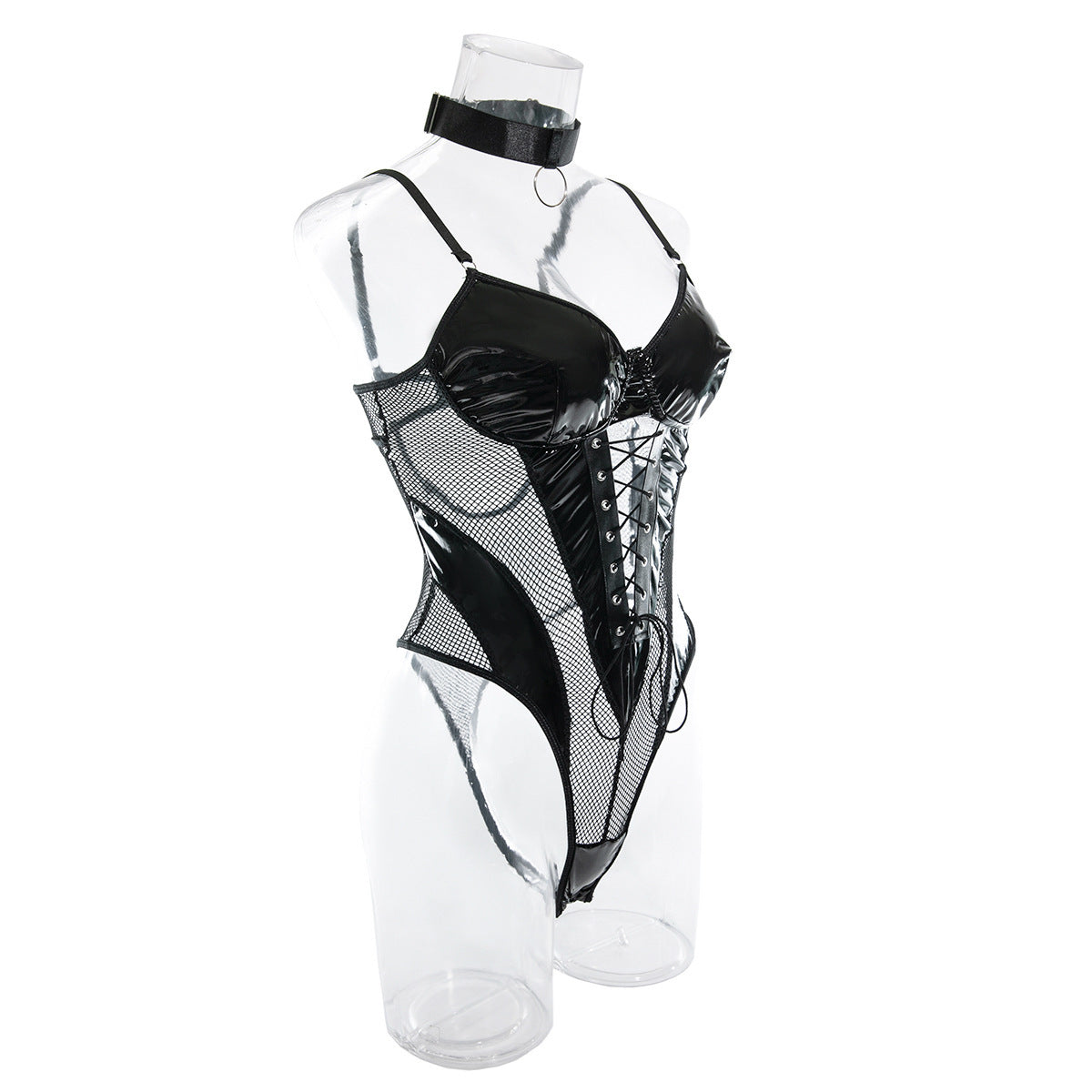 Europe and the United States cross-border supply nightclub hot girl PU leather mesh stitching strap waist backless sexy jumpsuit women's in stock