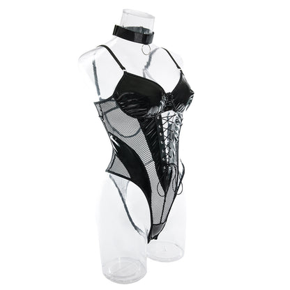 Europe and the United States cross-border supply nightclub hot girl PU leather mesh stitching strap waist backless sexy jumpsuit women's in stock
