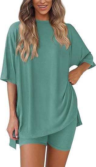 Cross-border foreign trade Amazon 2025 new women's casual round neck split loose shorts short sleeve home clothes suit