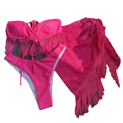 2025 European and American New Style Tassel Tube Top Suspender Mesh Three-Piece Swimsuit Bikini Bikini Cross-Border Aliexpress