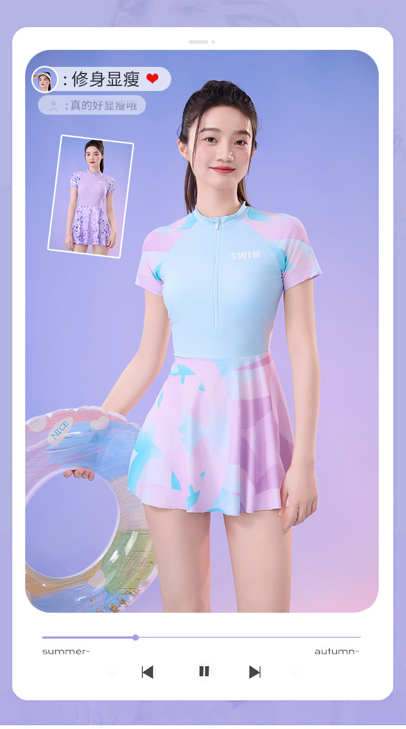 New Small Floral Swimsuit Seaside Beach Holiday One-piece Swim Skirt Split Safety Trunks Swimsuit with Chest Pad suit