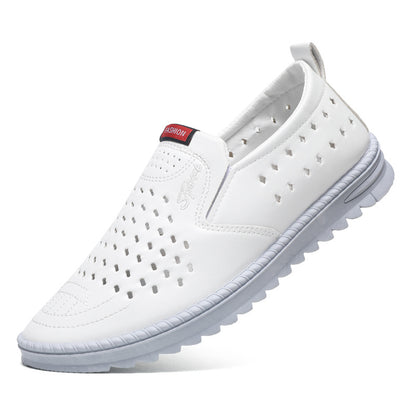 Hollow-Out Leather Shoes for Men, Summer Breathable Soft Leather Low-Top Business Casual Versatile Slip-On Perforated Dad Shoes