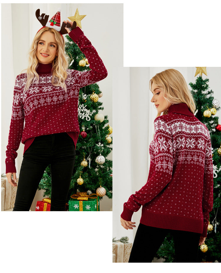 Cross-Border Autumn and Winter New Jacquard Pullover Red Turtleneck Christmas Sweater European and American Foreign Trade Snowflake Knitted Bottoming Shirt