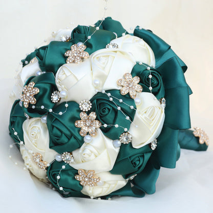 Amazon Supply Dark Green Bride Bridesmaid Simulated Satin Rose Bouquet Church Wedding Supplies Wholesale
