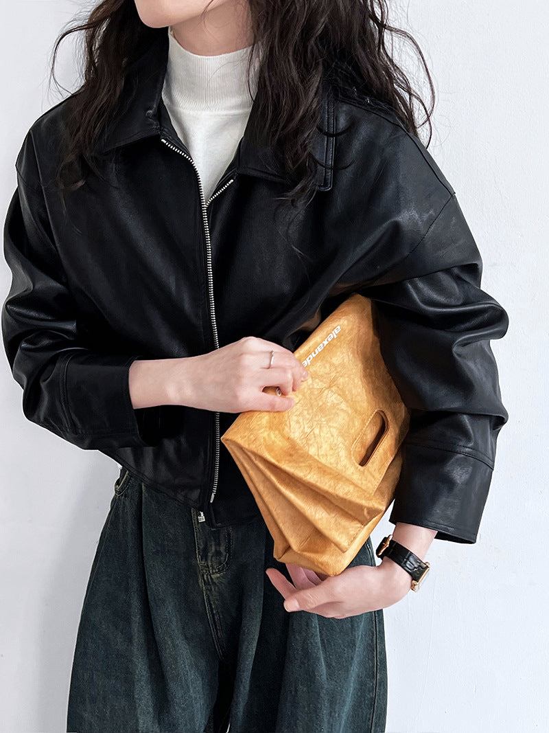 cool handsome high sense ~ lapel leather coat women's spring and autumn Hong Kong style PU leather jacket motorcycle top trendy 9595
