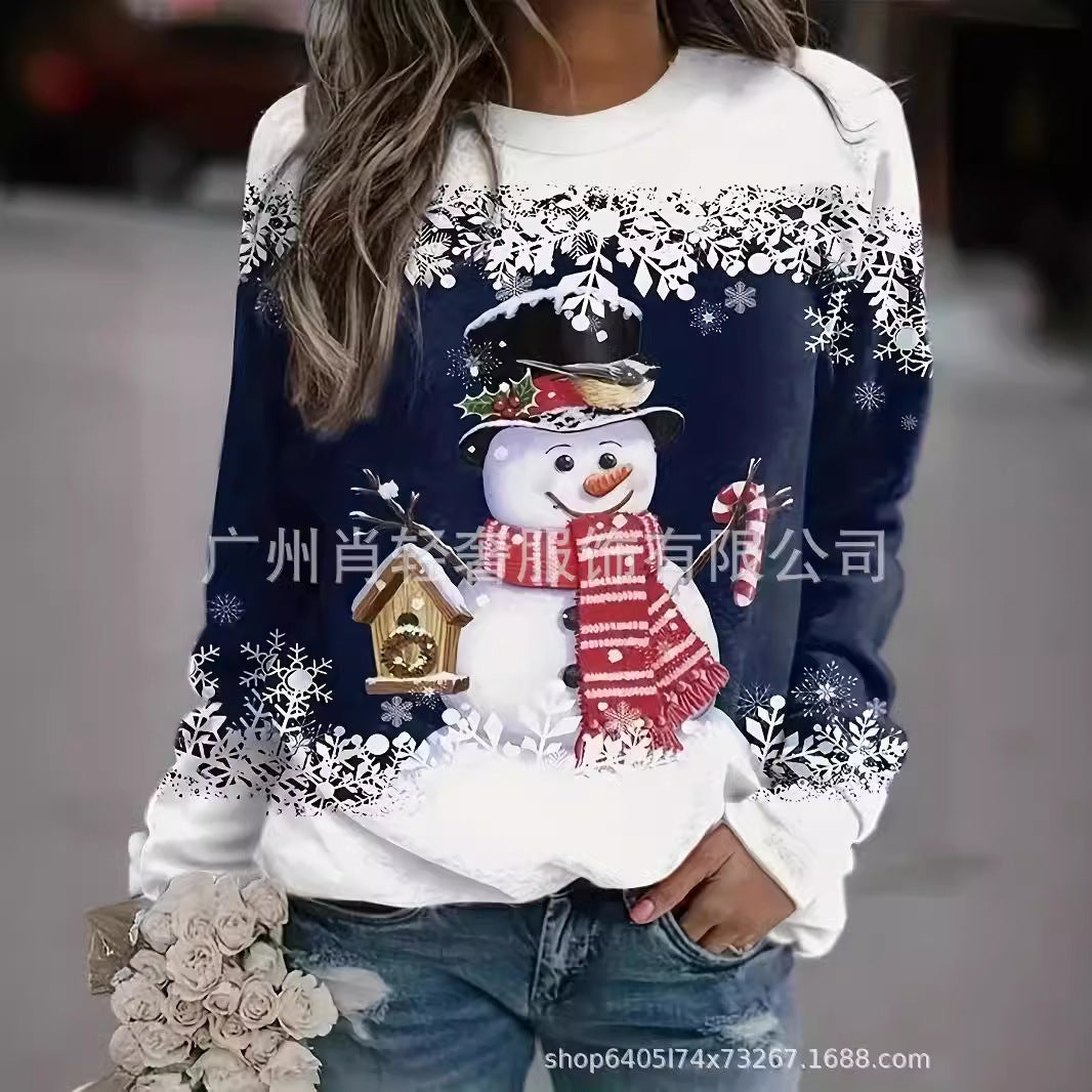 Cross-border women's Christmas printed long-sleeved round-neck sweater, make Christmas explosives in advance.