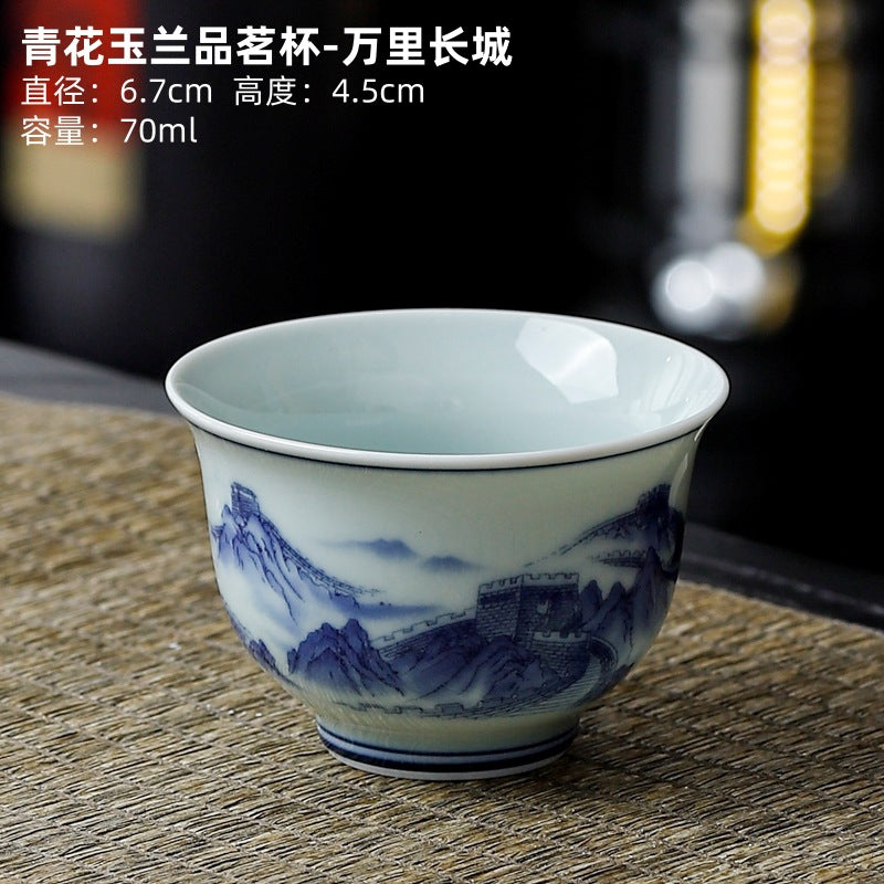 Yuerui Ceramic New Blue and Flower Tea Cup Underglaze Color Retro Yulan Cup Bowl of Kung Fu Tea Zen Tea Master Cup
