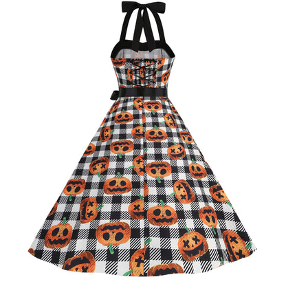 Factory direct supply 2024 Halloween new Hepburn style high waist slim hanging neck large swing long retro dress