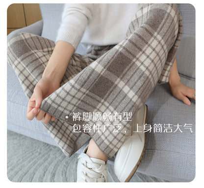 24 Autumn and Winter New High Waist All-match Casual Wide-leg Pants Women's Straight Loose Plaid Trousers 100 Wool Thickened