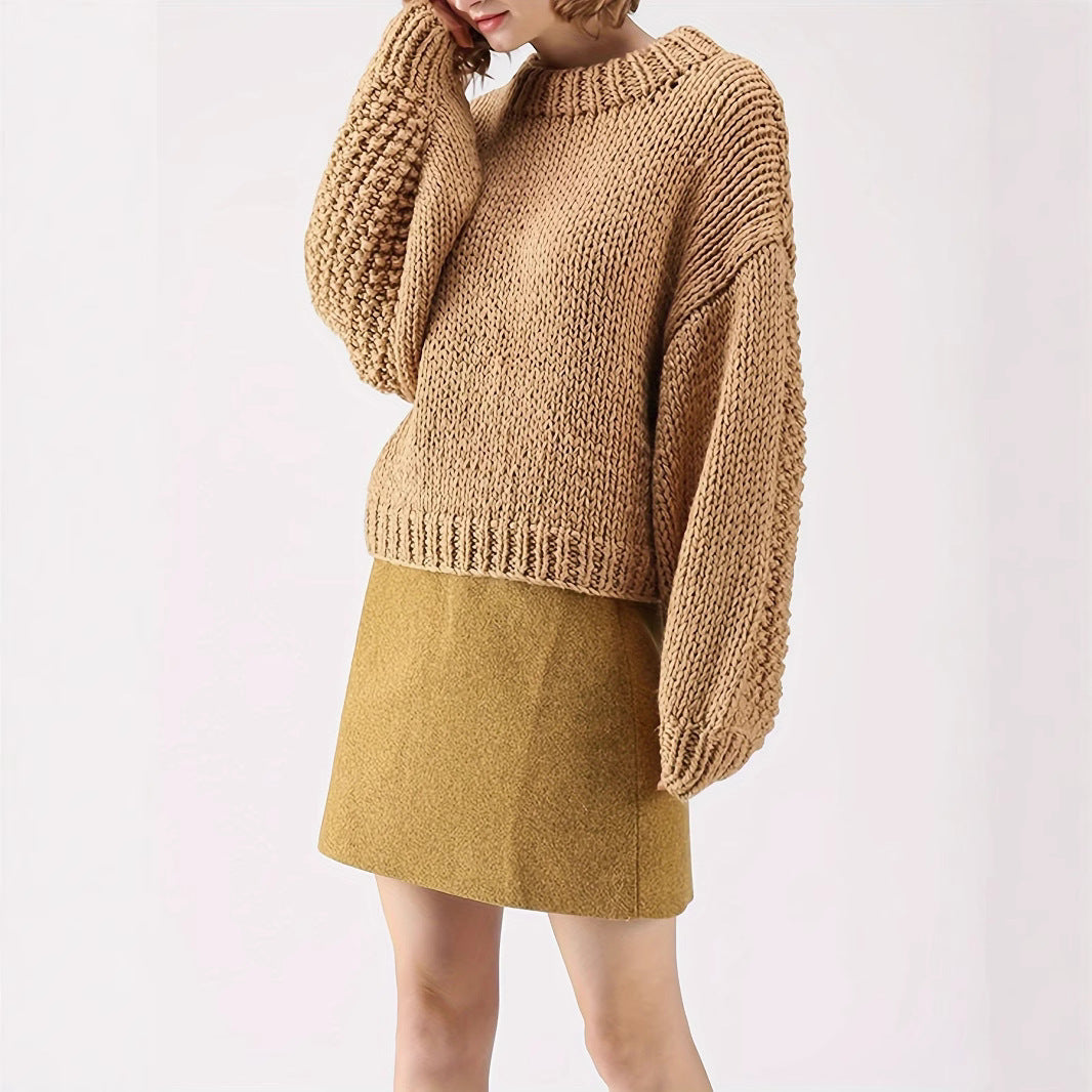 European and American Export Yellow Retro Style Thick Knitted Round Neck Sweater Women's Loose Lantern Sleeve Lazy Autumn and Winter Pullover Top