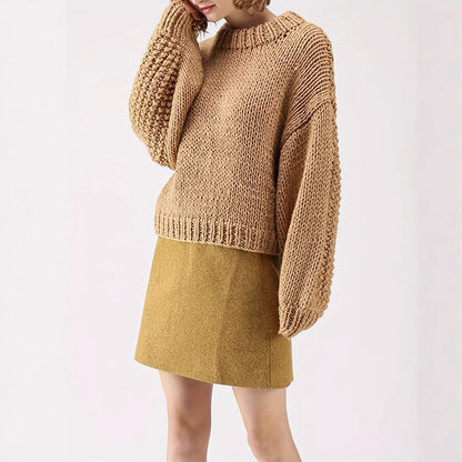 European and American Export Yellow Retro Style Thick Knitted Round Neck Sweater Women's Loose Lantern Sleeve Lazy Autumn and Winter Pullover Top