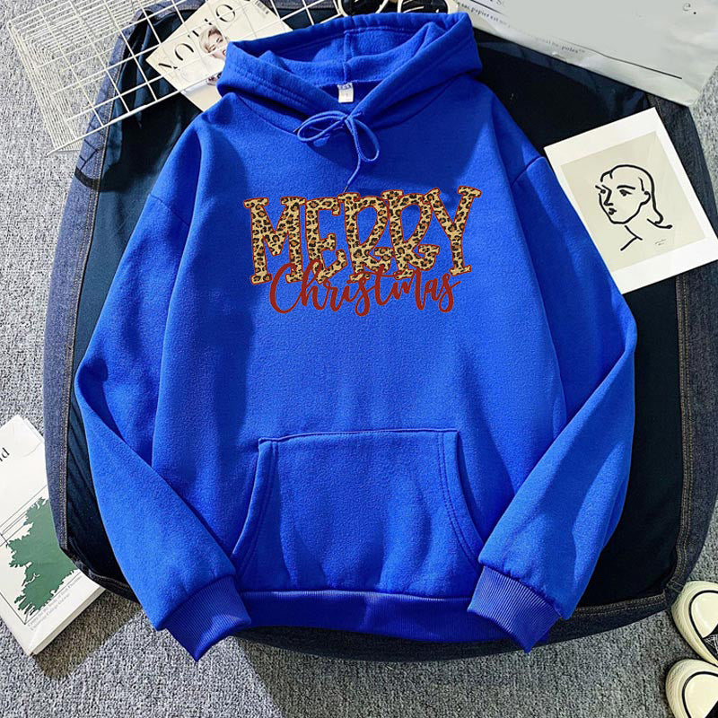 Christmas Leopard Print Merry Christmas Print Hooded Sweatshirt European and American Autumn and Winter Men's and Women's Top Coat