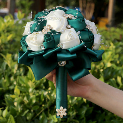 Amazon Supply Dark Green Bride Bridesmaid Simulated Satin Rose Bouquet Church Wedding Supplies Wholesale