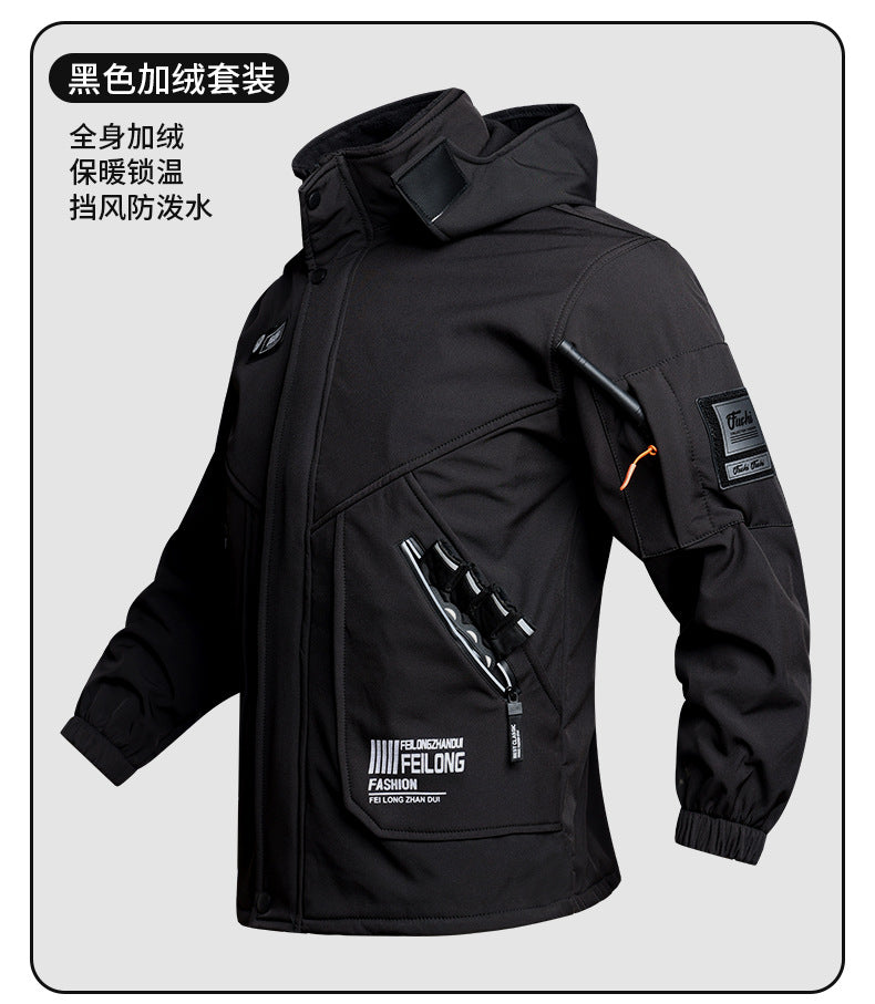Men's Autumn and Winter Fleece-Lined Thickened Softshell Tactical Outdoor Sports Workwear Suit, Waterproof and Windproof