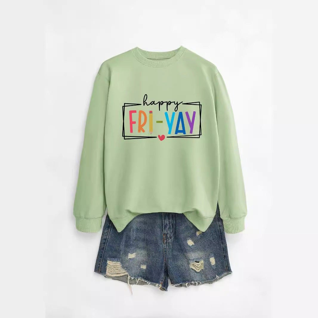 Amazon Ebay Round Neck Sweatshirt Happy Fri Yay Fun Letters Casual Fashion Long-Sleeved Tops in Stock
