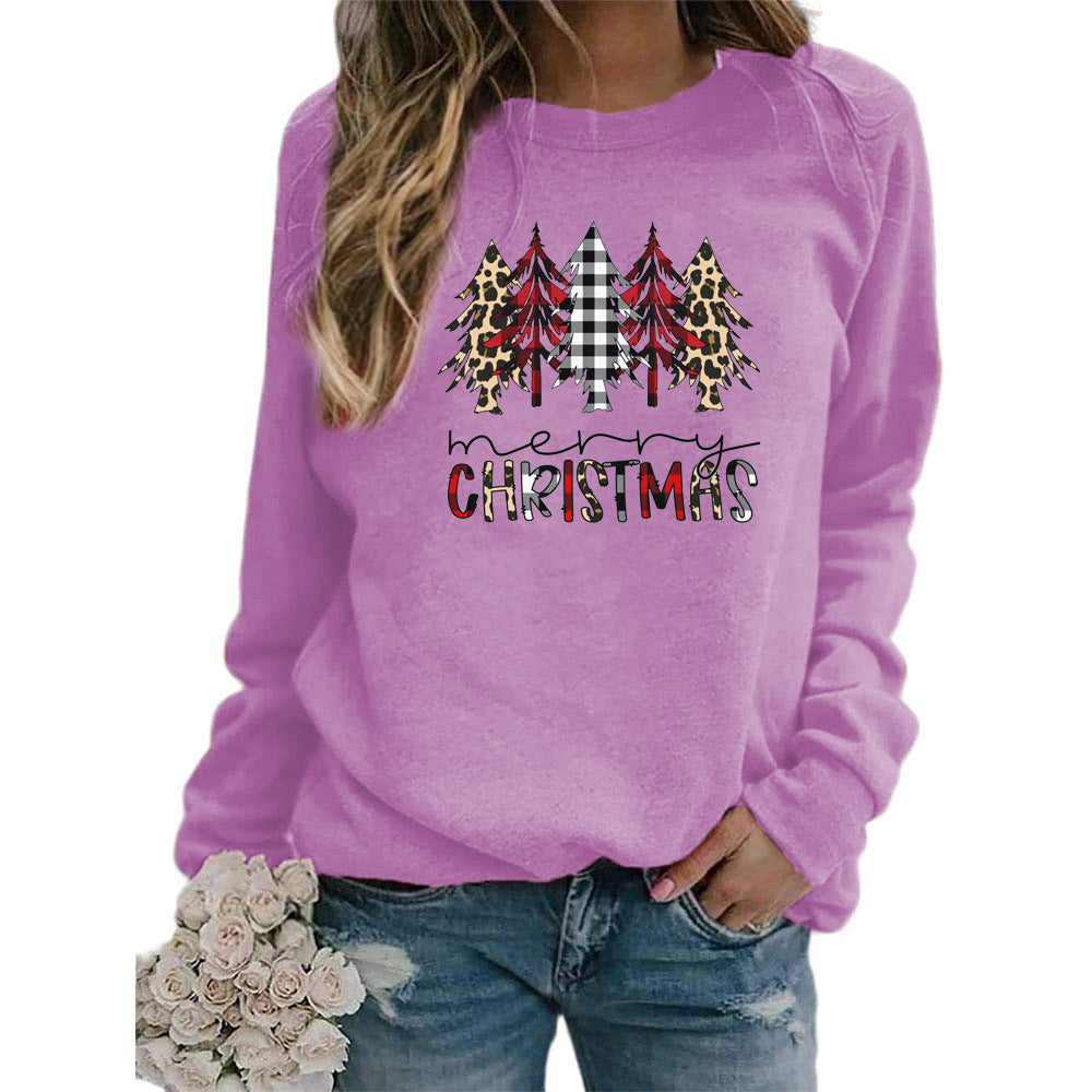 Leopard Red Plaid Christmas Tree Merry Christmas Print Round Neck European and American Women's Autumn and Winter Sweat