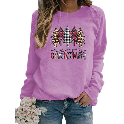 Leopard Red Plaid Christmas Tree Merry Christmas Print Round Neck European and American Women's Autumn and Winter Sweat