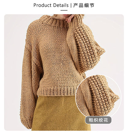 European and American Export Yellow Retro Style Thick Knitted Round Neck Sweater Women's Loose Lantern Sleeve Lazy Autumn and Winter Pullover Top