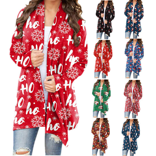 European and American cross-border 2021 autumn and winter New Amazon wish women's clothing Christmas printed casual long-sleeved cardigan for women