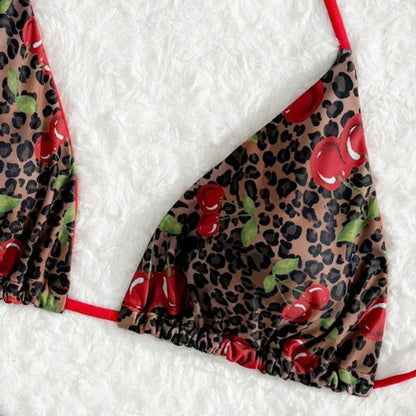 Amazon New Split Swimsuit Women Sexy Red Leopard Cherry Print European and American Bikini Foreign Trade Swimsuit