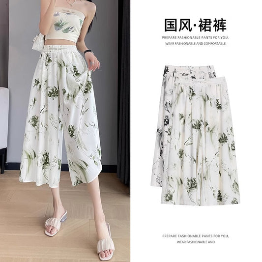 2025 Summer Thin Chiffon Wide-Leg Pants Women's Cropped Culottes Elastic Waist Small National Style Pants New Style Skirt