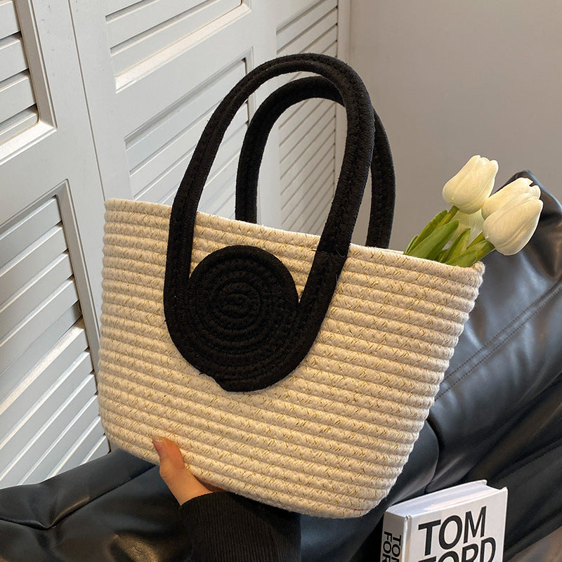 Contrast Cotton Rope Woven Handbag Women's Bag Korean Style Bag New Large Capacity Stylisse Handbag All-match Tote Bag