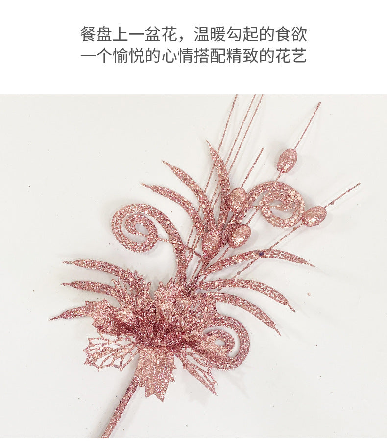 Cross-border sheep Christmas tree corner hollow gold pink flower berry insert simulation beauty leaf Christmas ball gold pink flower ornament