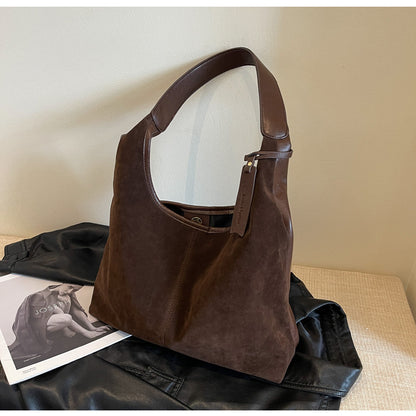 New Suede Shoulder Tote Bag, Fashionable, Simple, Lazy Style, Large Capacity Women's Handbag, Bucket Bag, Mommy Bag