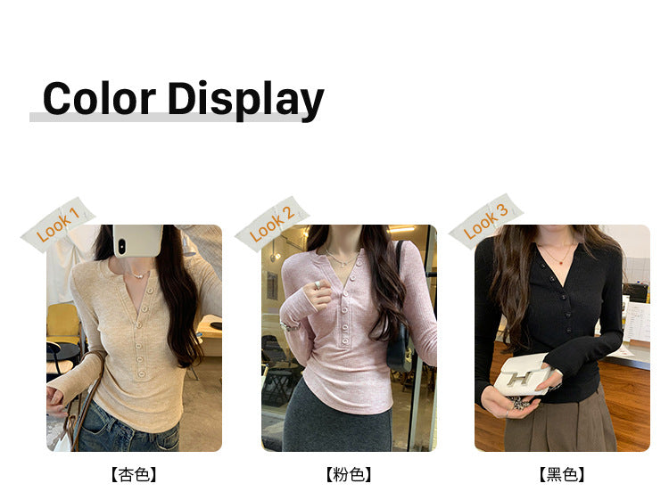 European in stock Korean Style Lazy Relaxation Inner Base T-shirt Women's Early Autumn New Style Elegant Slim-fit Half-open Collar