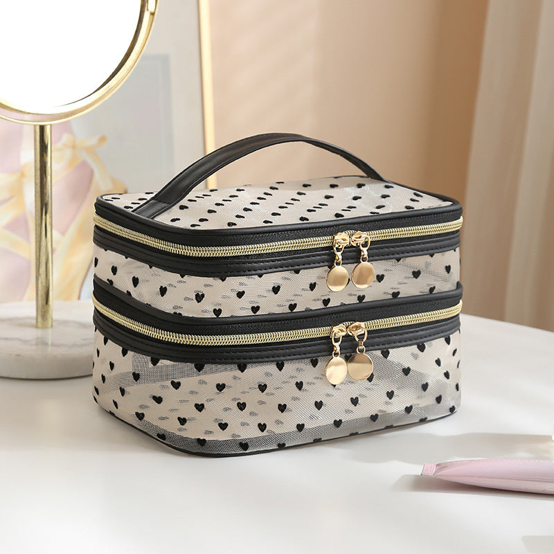 New Style Heart-Shaped Portable Makeup Bag, Single/Double Layer Cosmetic Storage Bag, Simple Mesh Makeup Bag, Travel Makeup Bag