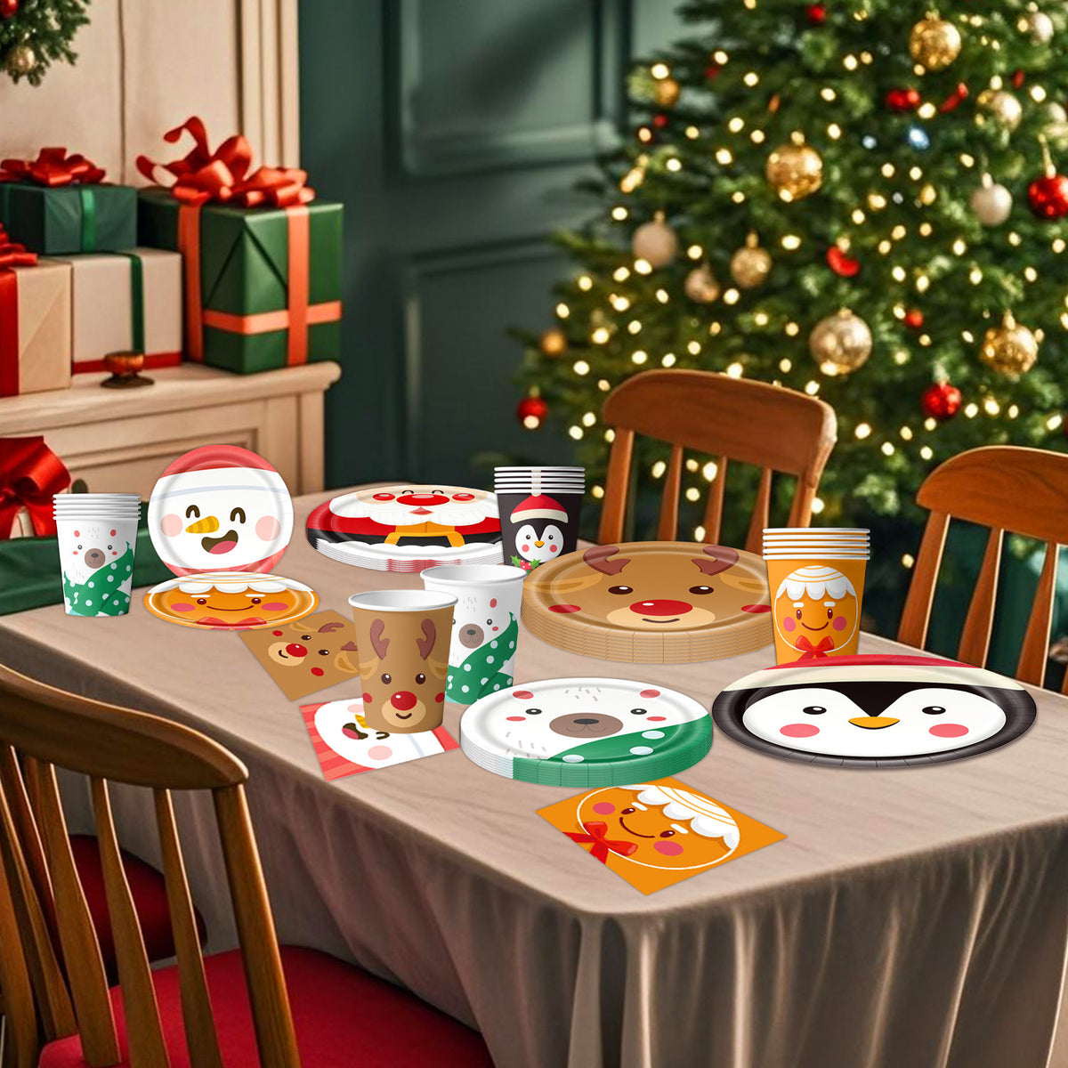 Amazon New Product Christmas Decoration Party Tableware Cartoon Snowman Christmas Napkin Party Holiday Paper Plate