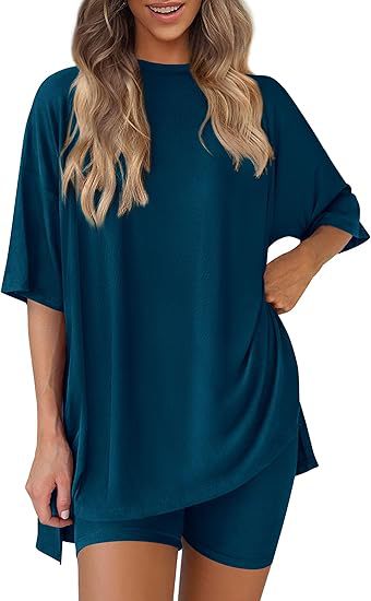 Cross-border foreign trade Amazon 2025 new women's casual round neck split loose shorts short sleeve home clothes suit