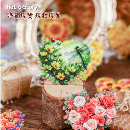 Retro Story Heart Flower Series Stickers Love Heart Floral Pet Journal Decoration Versatile Background Scenery Sticker Pack