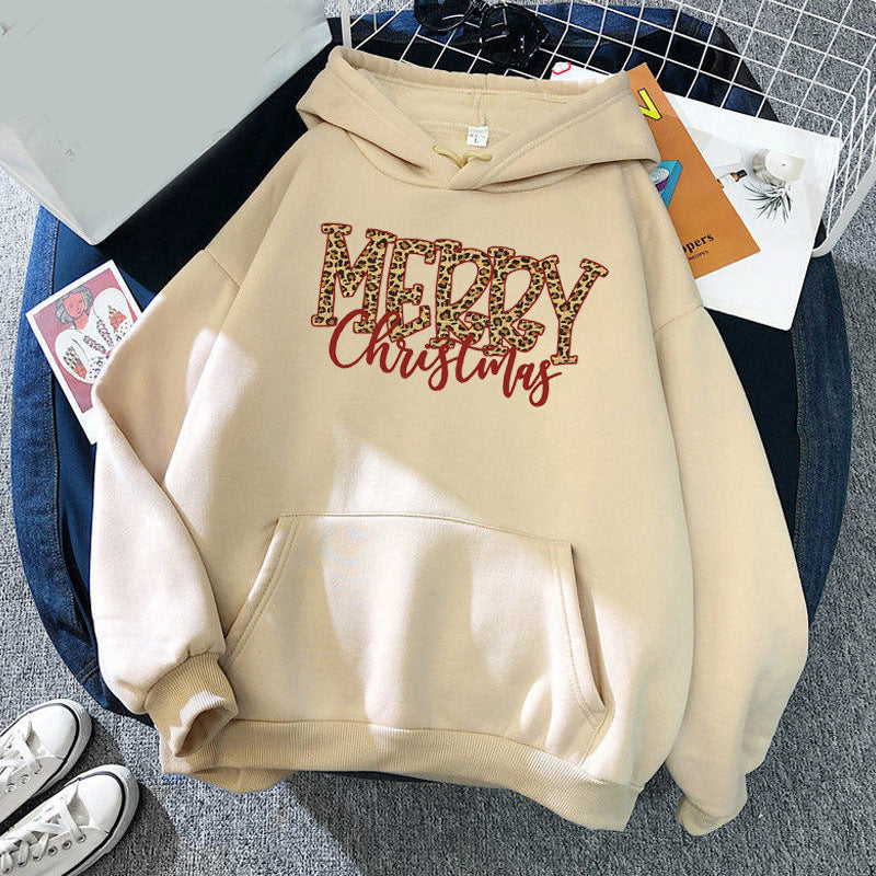 Christmas Leopard Print Merry Christmas Print Hooded Sweatshirt European and American Autumn and Winter Men's and Women's Top Coat