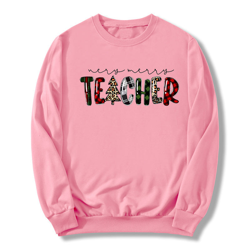 Christmas Tree Plaid Letter Teacher Christmas Printed Round Neck Sweat Autumn and Winter European Men's and Women's Top