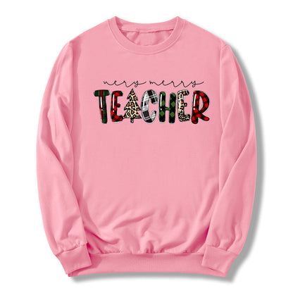 Christmas Tree Plaid Letter Teacher Christmas Printed Round Neck Sweat Autumn and Winter European Men's and Women's Top