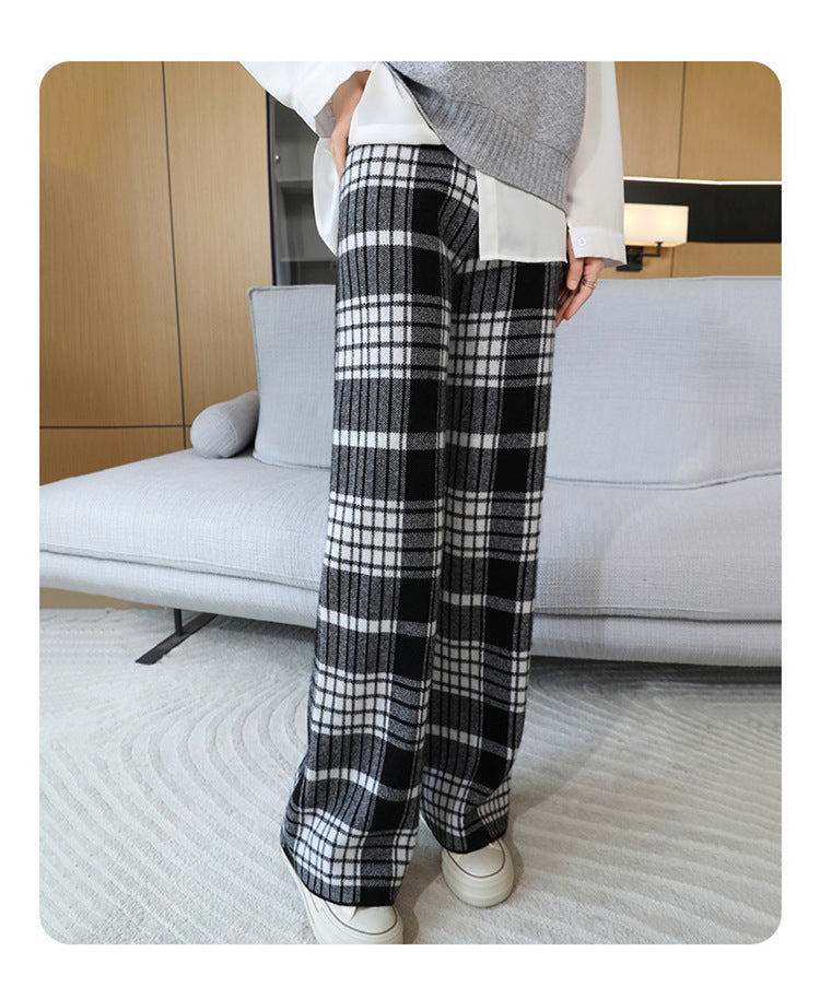 24 Autumn and Winter New High Waist All-match Casual Wide-leg Pants Women's Straight Loose Plaid Trousers 100 Wool Thickened