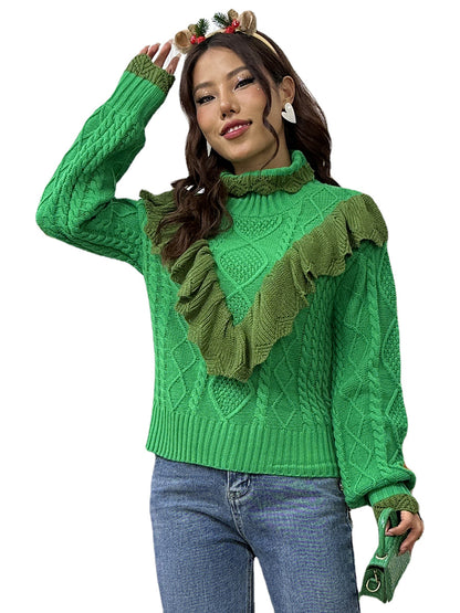 Amazon 2023 new Christmas half turtleneck sweater women's autumn and winter ruffled twisted pullover sweater women