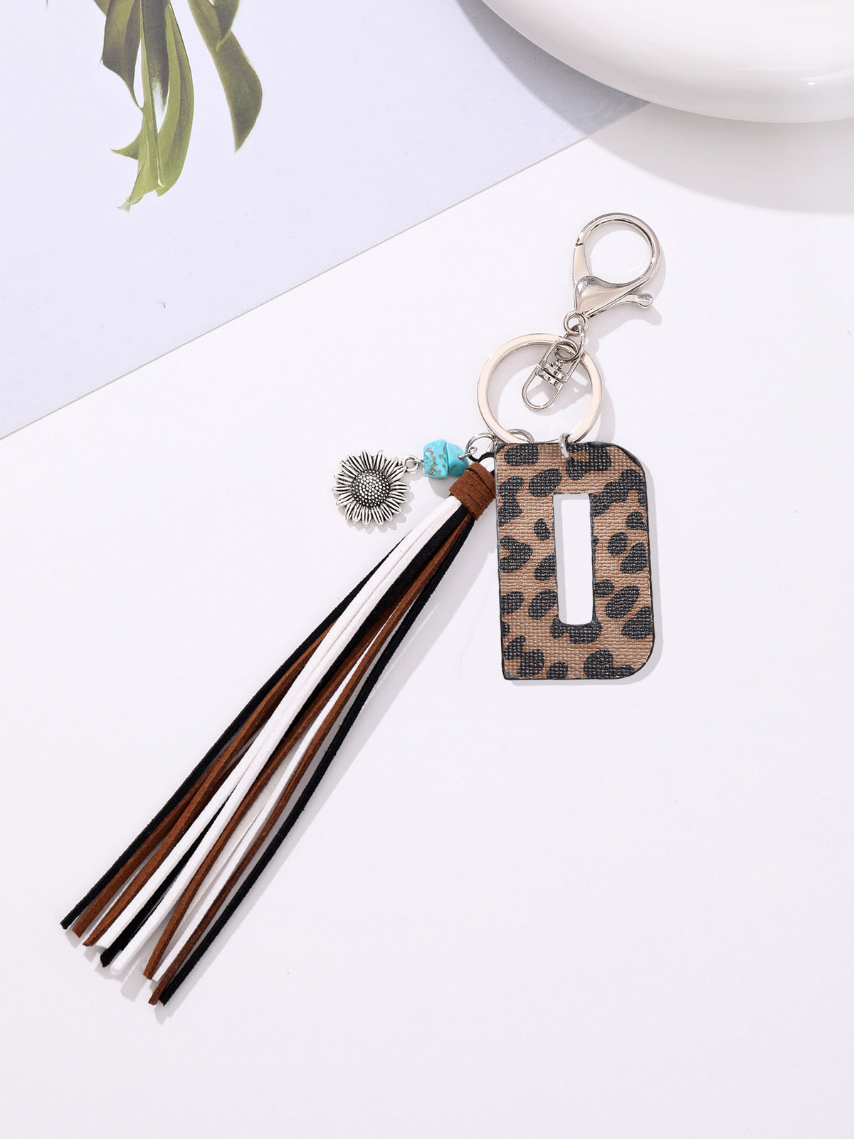 New Western Denim Style Leopard Oil-trimmed Leather Letter A Korean Velvet Tassel Combination Keychain Pendant Bag