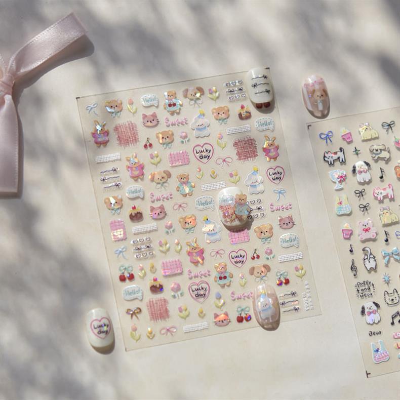 Cute Pet Graffiti Nail Art Stickers Embossed 3D Stereo 5D Cute Little Panda Cat Dog Nail Sticker Decoration