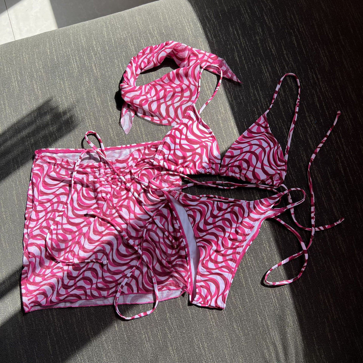 2025 European and American New Drawstring Straps Sexy Three-Piece Swimsuit Bikini Bikini with Veil Cross-Border