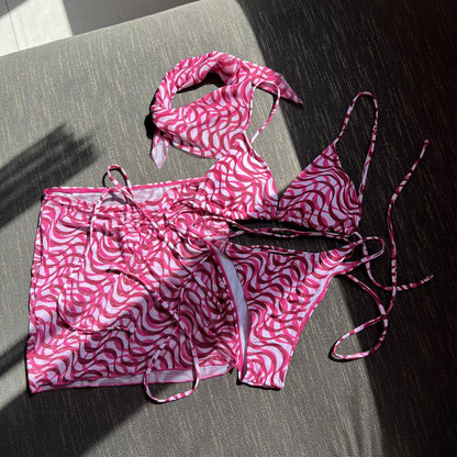 2025 European and American New Drawstring Straps Sexy Three-Piece Swimsuit Bikini Bikini with Veil Cross-Border