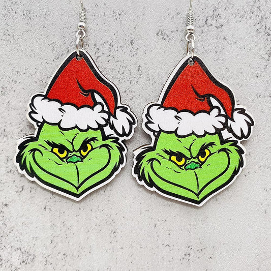 Cross-border new European and American Christmas Grinch wooden earrings green fur strange Christmas gift drop wooden earrings earrings
