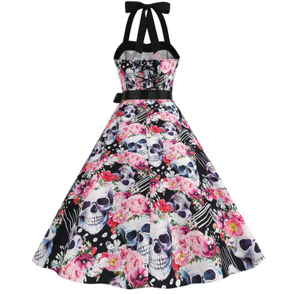 Factory direct supply 2024 Halloween new Hepburn style high waist slim hanging neck large swing long retro dress